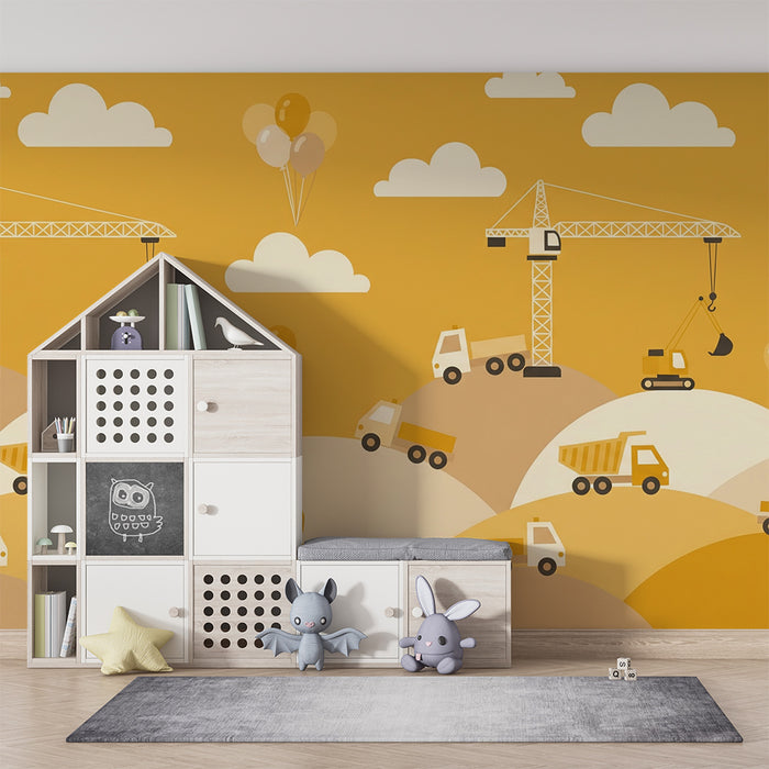 Papier peint chambre enfant | Chantier de construction joyeux avec camions et grues
