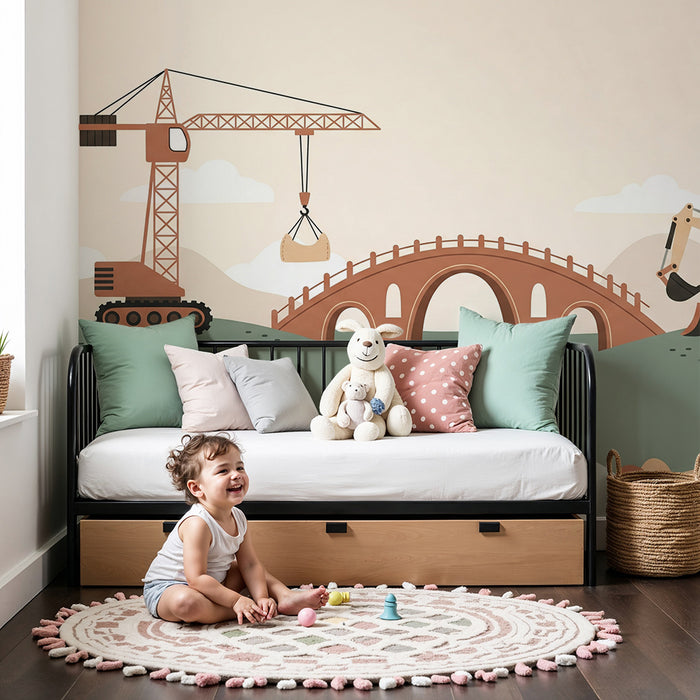 Papel de parede infantil | Estaleiros de construção com gruas e pontes coloridas