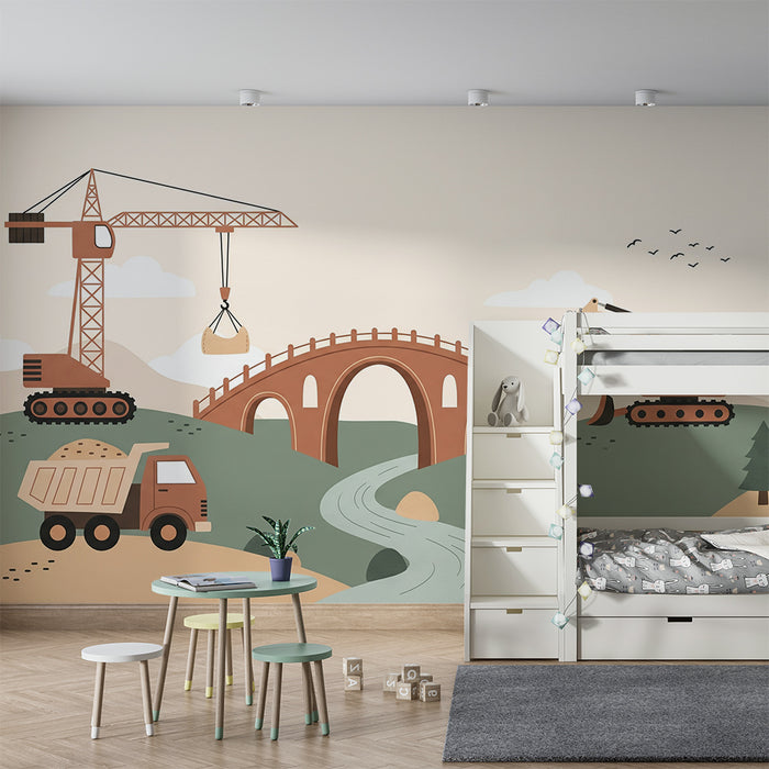 Papel de parede infantil | Estaleiros de construção com gruas e pontes coloridas