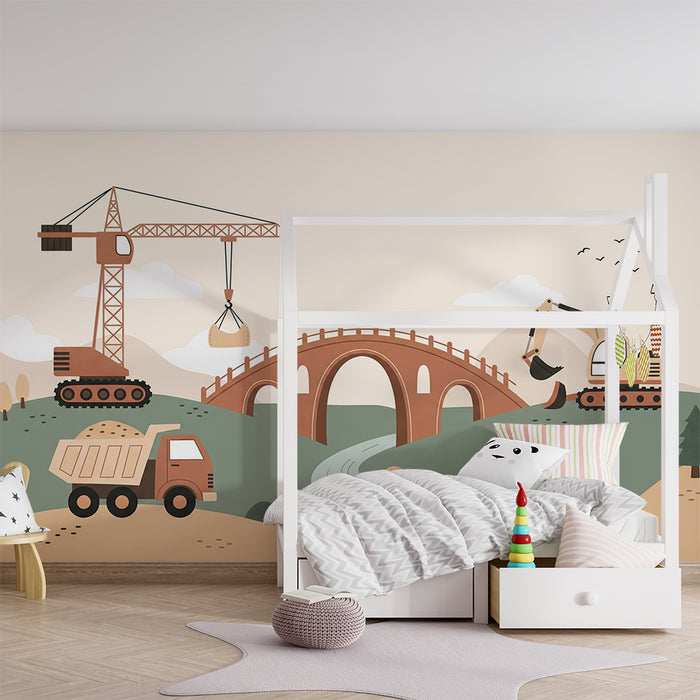 Papel de parede infantil | Estaleiros de construção com gruas e pontes coloridas