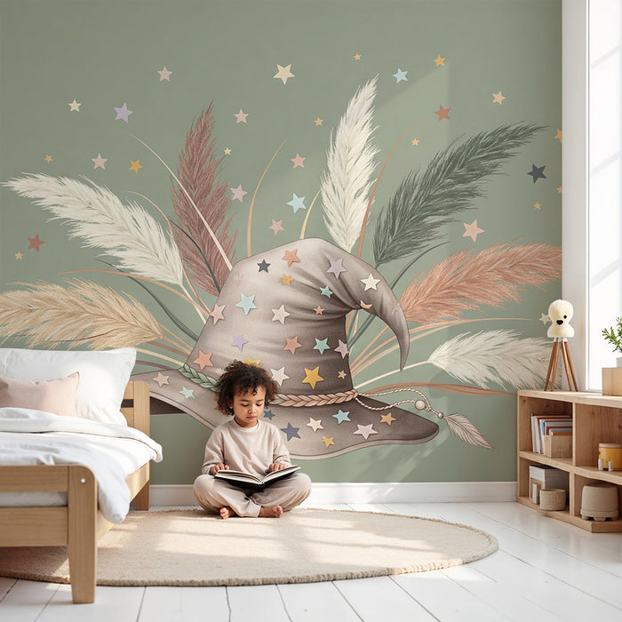 Χαρτί τοίχου παιδικού δωματίου | Καπέλο μάγισσας με αστέρια και φτερά