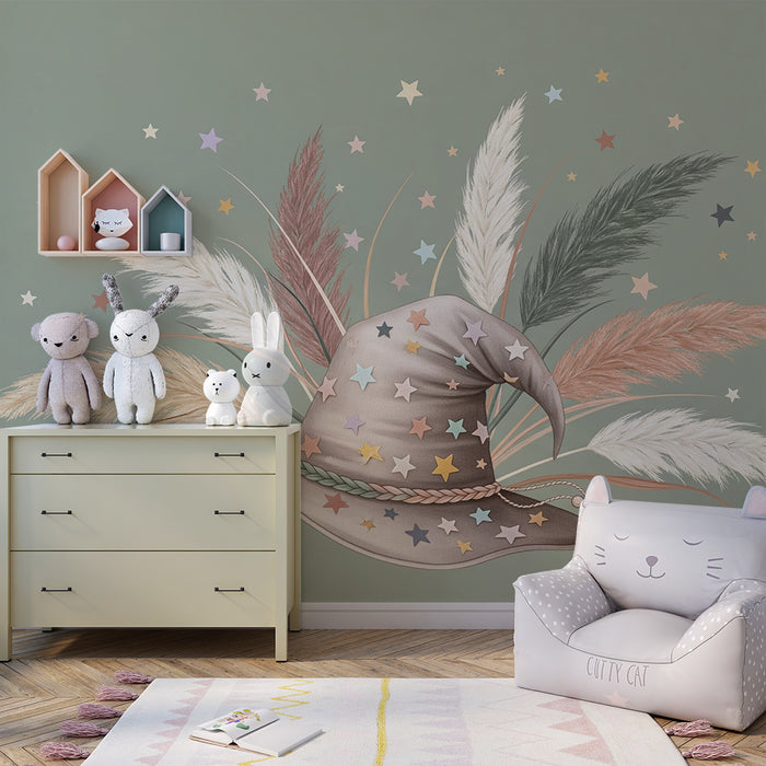 Χαρτί τοίχου παιδικού δωματίου | Καπέλο μάγισσας με αστέρια και φτερά