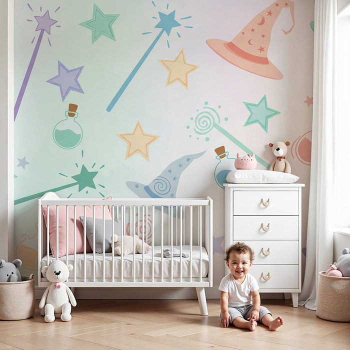 Kinderzimmer Tapete | Hexenhüte und bunte Zaubertränke