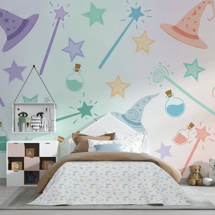 Kinderzimmer Tapete | Hexenhüte und bunte Zaubertränke