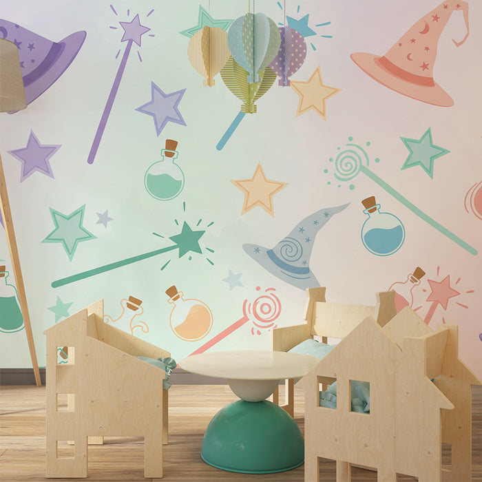 Kinderzimmer Tapete | Hexenhüte und bunte Zaubertränke