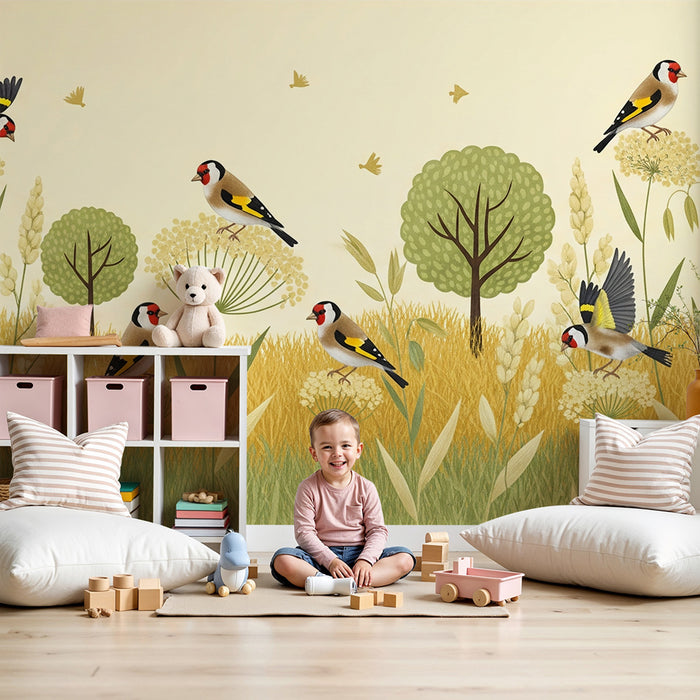 Papel pintado infantil | Jilgueros en un campo dorado con árboles y flores