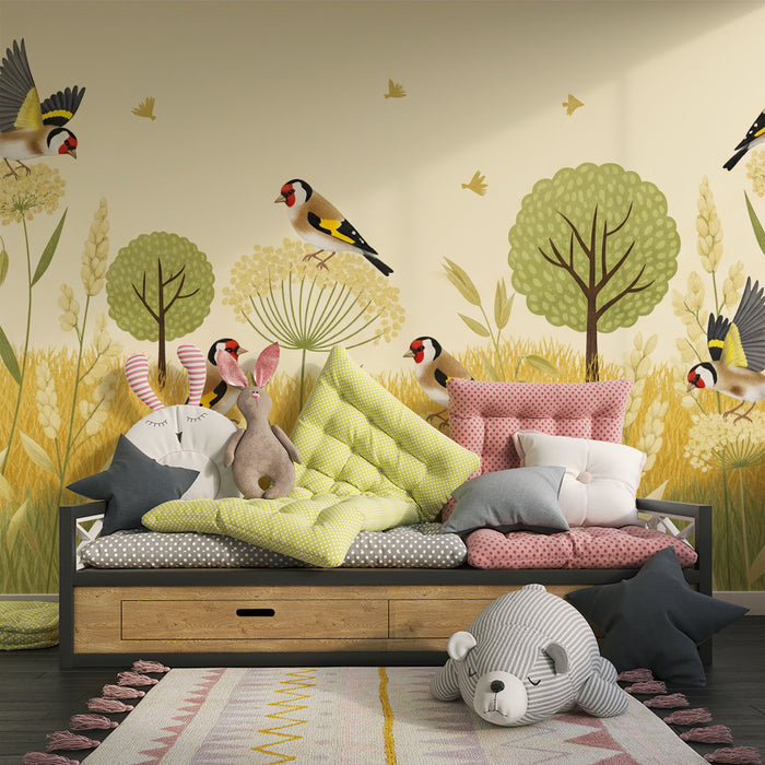 Papel pintado infantil | Jilgueros en un campo dorado con árboles y flores