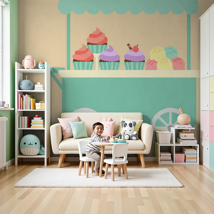 Behang kinderkamer | Dessertkar met kleurrijke cupcakes en ijsjes