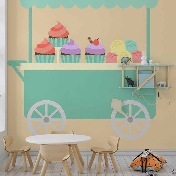 Behang kinderkamer | Dessertkar met kleurrijke cupcakes en ijsjes