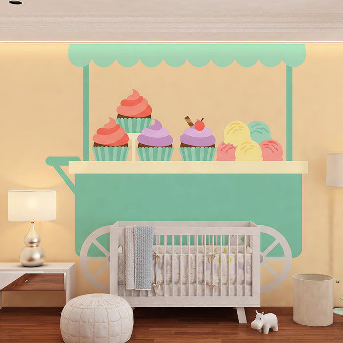 Behang kinderkamer | Dessertkar met kleurrijke cupcakes en ijsjes