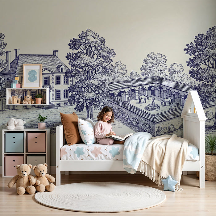 Papier peint chambre enfant | Charmant manoir avec écurie et chevaux