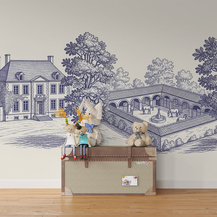 Papier peint chambre enfant | Charmant manoir avec écurie et chevaux