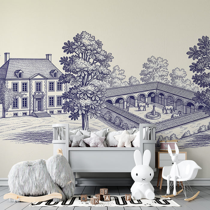Papier peint chambre enfant | Charmant manoir avec écurie et chevaux