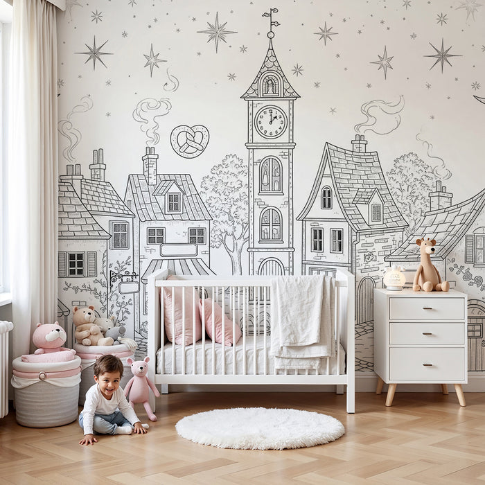 Tapeta do detskej izby | Čarovná rozprávková dedinka s domčekmi a hodinami