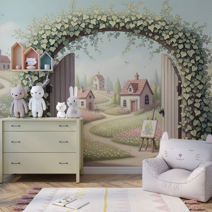 Barnrumstapet | Förtjusande blomsterby med öppna dörrar och färgglada hus