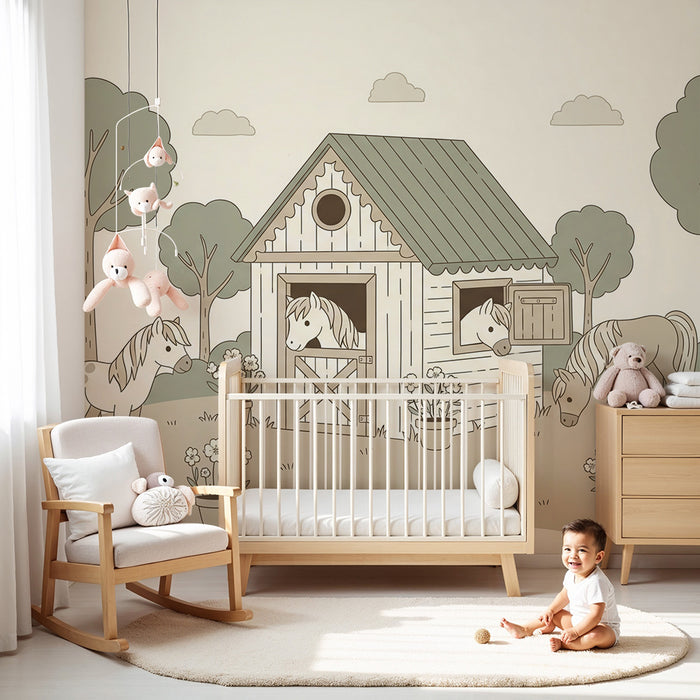Papel de parede para quarto infantil | Quinta encantadora com póneis e um abrigo de madeira