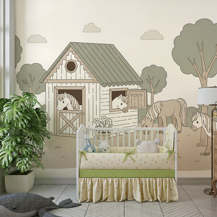 Papel de parede para quarto infantil | Quinta encantadora com póneis e um abrigo de madeira
