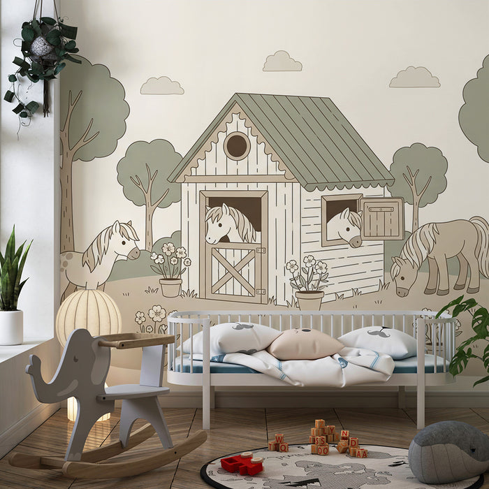 Papel de parede para quarto infantil | Quinta encantadora com póneis e um abrigo de madeira