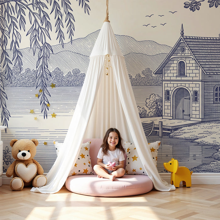 Papier peint chambre enfant | Charmant huisje aan het water met rustgevende landschappen