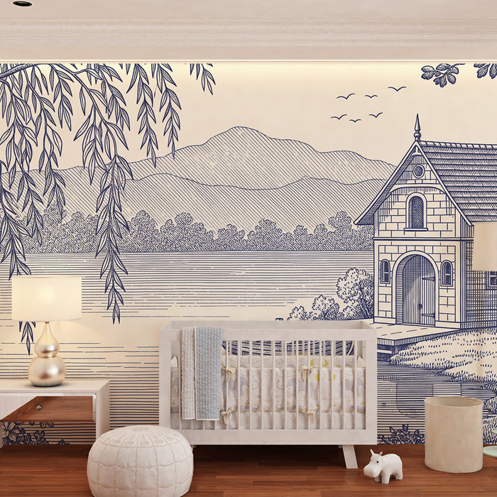 Papier peint chambre enfant | Charmant huisje aan het water met rustgevende landschappen