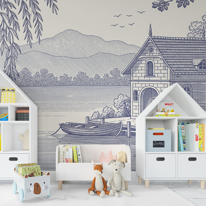 Papier peint chambre enfant | Charmant huisje aan het water met rustgevende landschappen