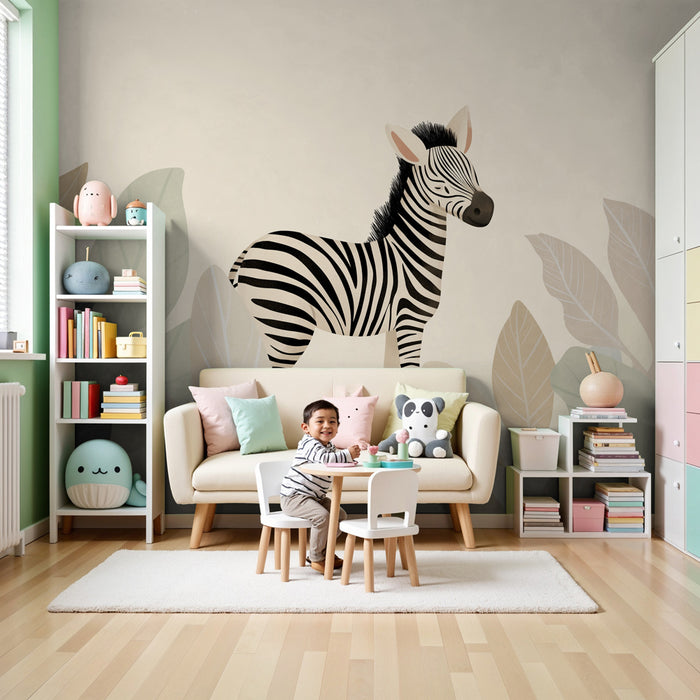 Kinderkamer behang | Charmante kleine zebra te midden van bladeren