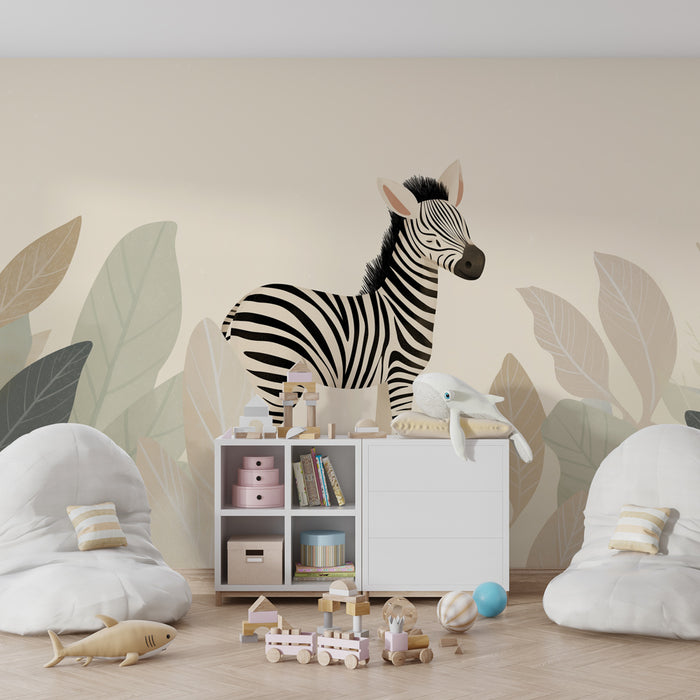 Kinderkamer behang | Charmante kleine zebra te midden van bladeren