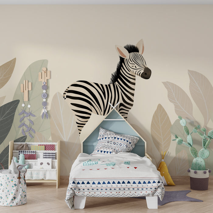 Kinderkamer behang | Charmante kleine zebra te midden van bladeren
