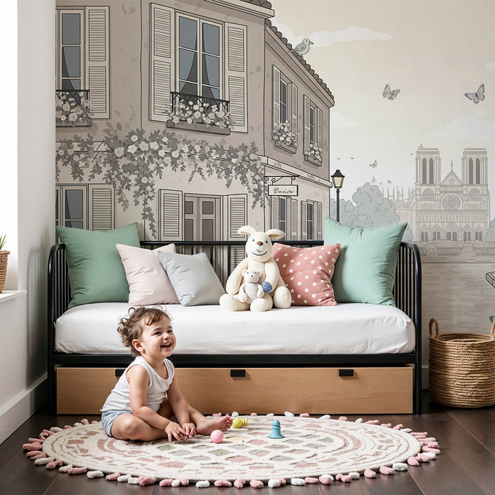 **Children's bedroom wallpaper | Charming Parisian street with flowers and butterflies**