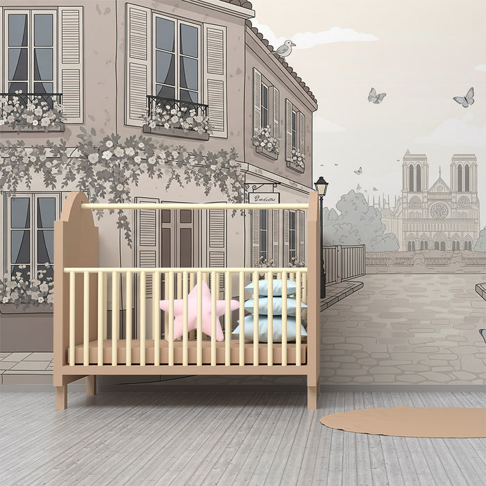 **Children's bedroom wallpaper | Charming Parisian street with flowers and butterflies**