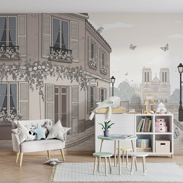 **Children's bedroom wallpaper | Charming Parisian street with flowers and butterflies**