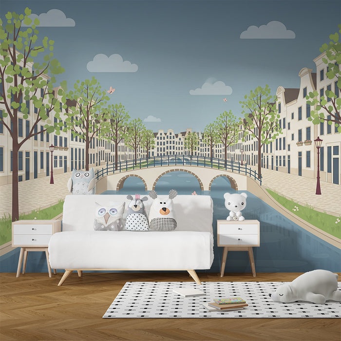 Papel de parede para quarto infantil | Cena encantadora de canal com casas e árvores