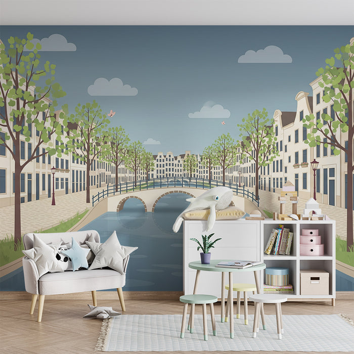 Papel de parede para quarto infantil | Cena encantadora de canal com casas e árvores