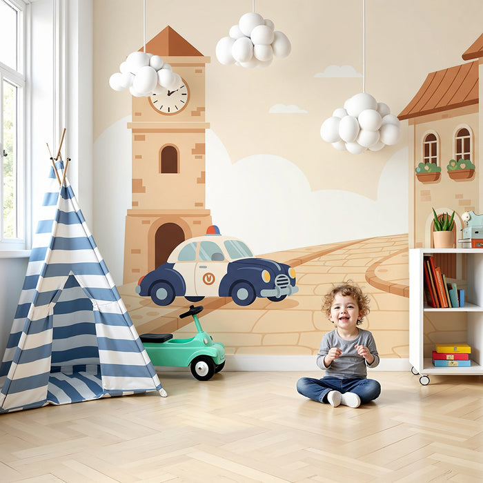 Kids' Room Wallpaper | Charming Village Scene with Police Car and Clock