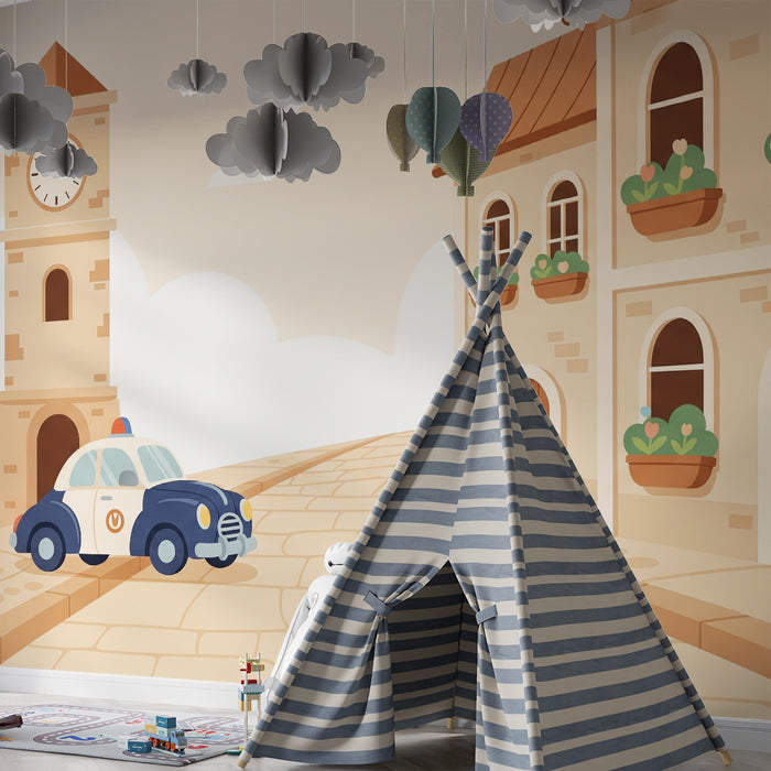 Kids' Room Wallpaper | Charming Village Scene with Police Car and Clock