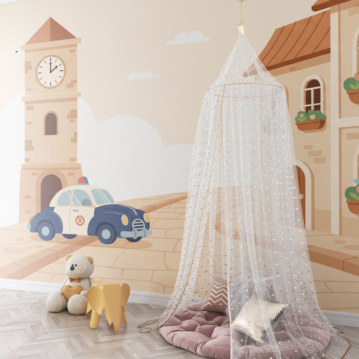 Kids' Room Wallpaper | Charming Village Scene with Police Car and Clock