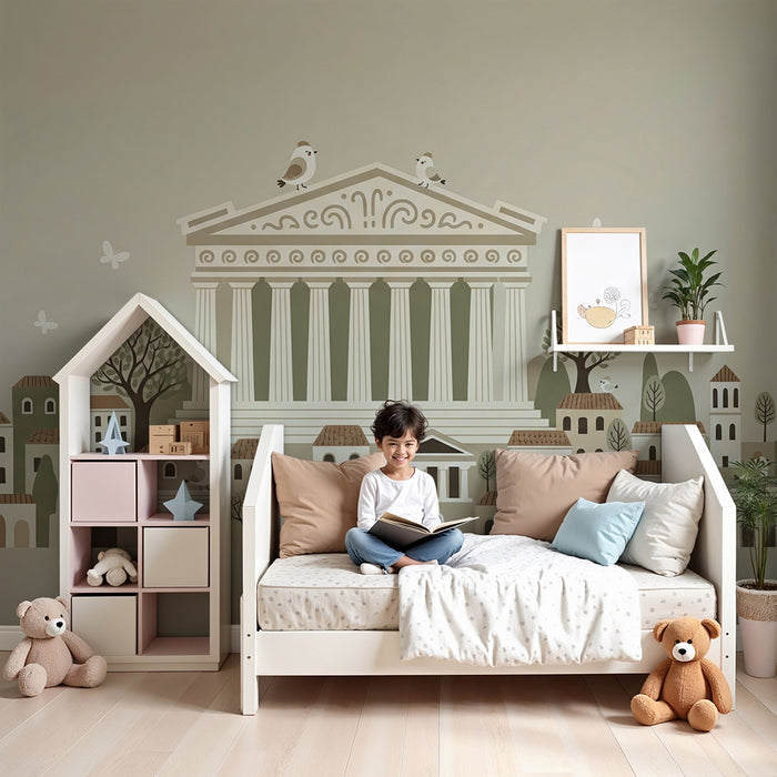 Children's bedroom wallpaper | Charming town with classic architecture and soft nature