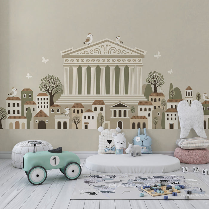 Children's bedroom wallpaper | Charming town with classic architecture and soft nature