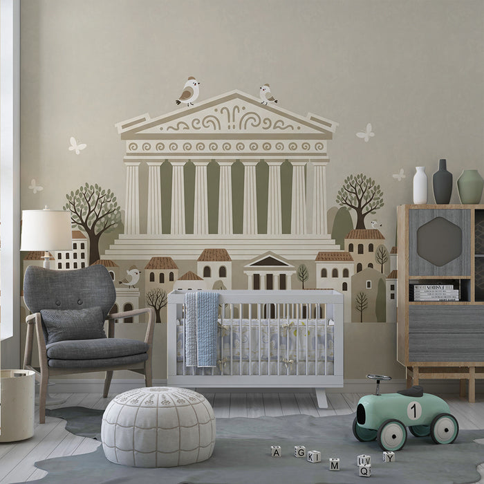 Children's bedroom wallpaper | Charming town with classic architecture and soft nature