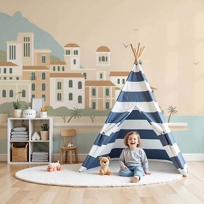 Carta da parati per camera bambini | Incantevole città costiera con palme e mare turchese