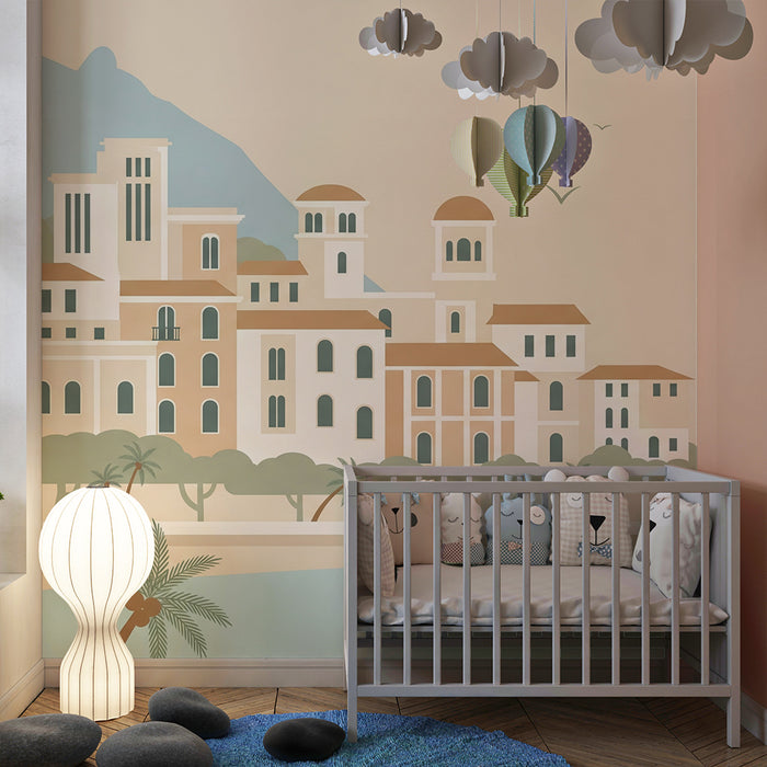 Carta da parati per camera bambini | Incantevole città costiera con palme e mare turchese