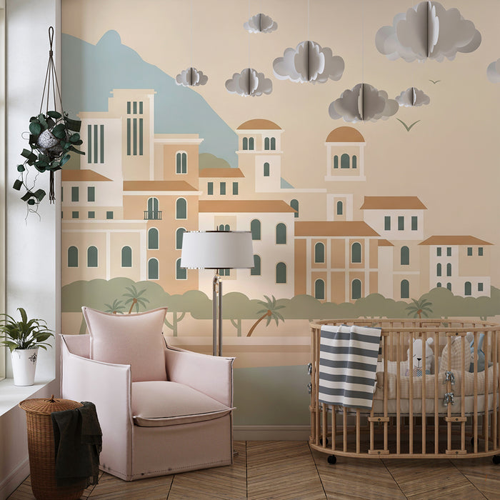 Carta da parati per camera bambini | Incantevole città costiera con palme e mare turchese