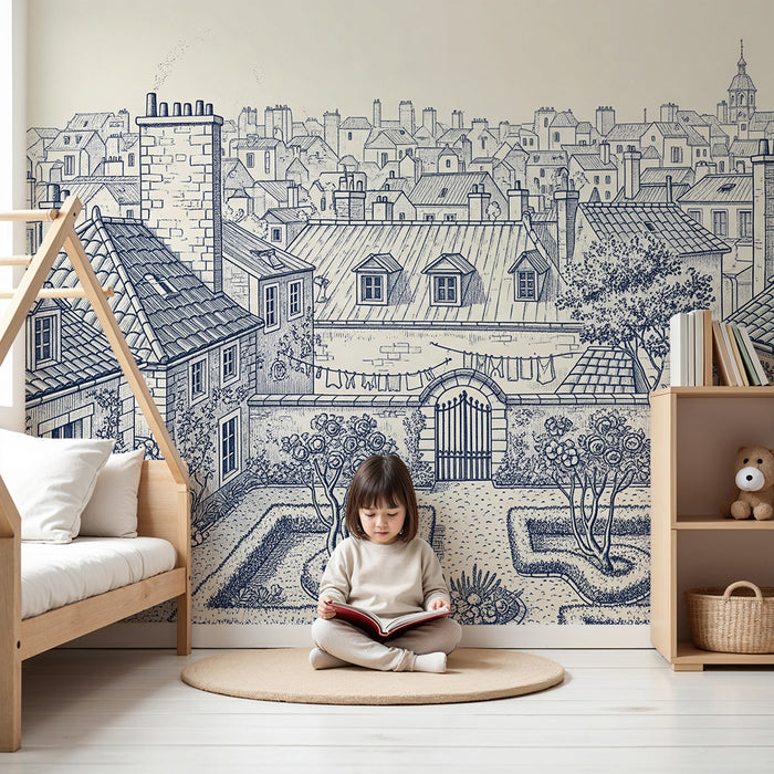 Carta da parati per camera bambini | Incantevole vista giardino con case antiche