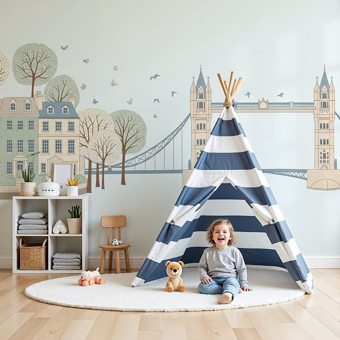 Børnetapet | Yndig byudsigt med Tower Bridge og farverige huse