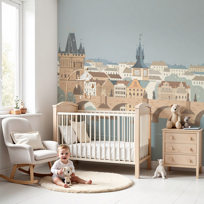 Papel de parede para quarto infantil | Encantadora vista da cidade com ponte e edifícios históricos