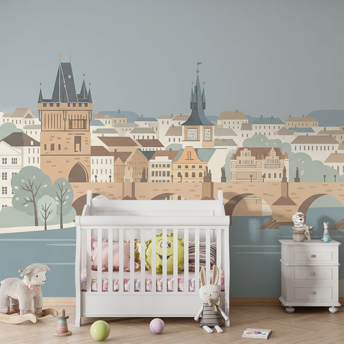 Papel de parede para quarto infantil | Encantadora vista da cidade com ponte e edifícios históricos
