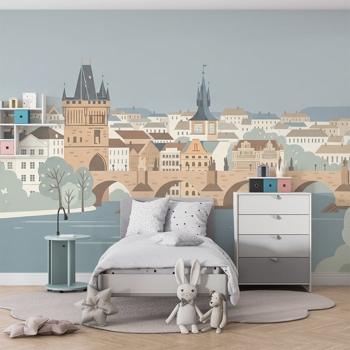 Papel de parede para quarto infantil | Encantadora vista da cidade com ponte e edifícios históricos