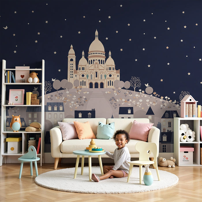 **Tapete Kinderzimmer | Charmante Nachtansicht von Montmartre mit funkelnden Sternen**