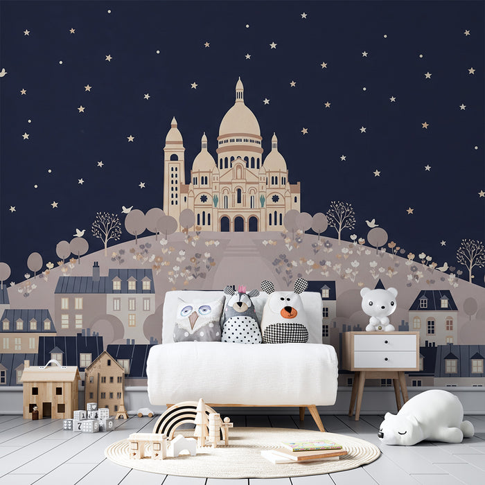 **Tapete Kinderzimmer | Charmante Nachtansicht von Montmartre mit funkelnden Sternen**
