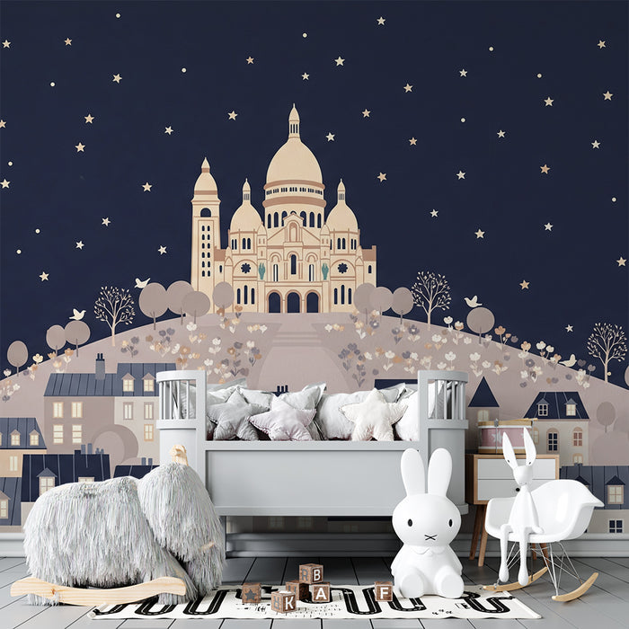 **Tapete Kinderzimmer | Charmante Nachtansicht von Montmartre mit funkelnden Sternen**